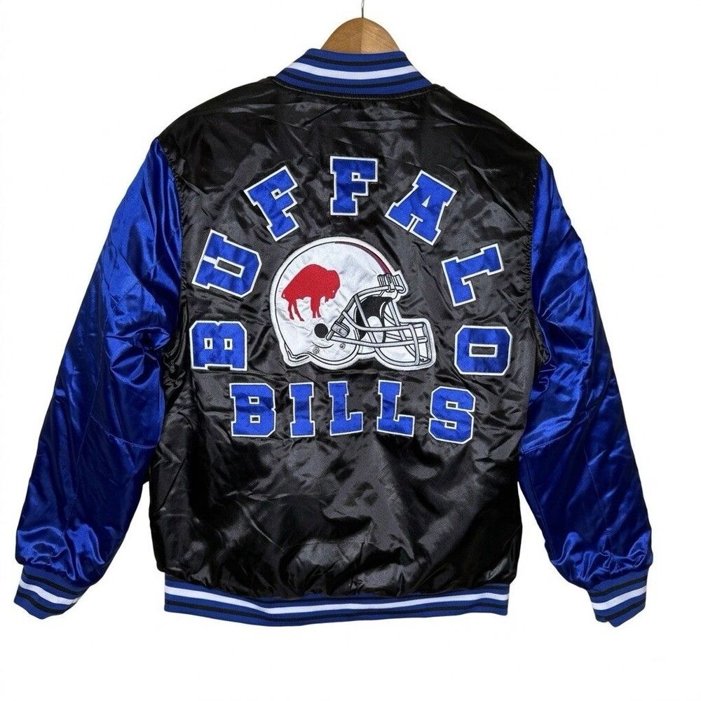 Buffalo Bills Satin Bomber Jacket Mens Small Blue Black Retro Varsity Snap Front - Picture 2 of 10